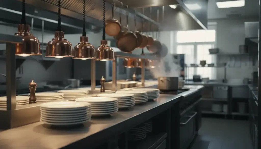 An empty kitchen pass under copper lamps before evening service