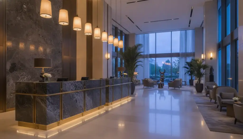 Luxury hotel lobby at dusk with a dark stone and brass reception desk under warm pendant lamps