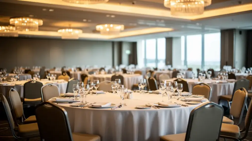 A hotel banquet hall set for an event